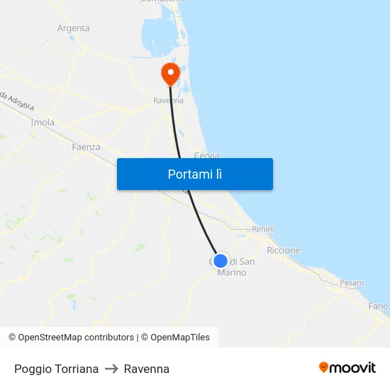 Poggio Torriana to Ravenna map