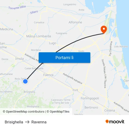 Brisighella to Ravenna map