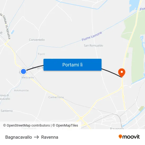 Bagnacavallo to Ravenna map