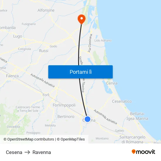 Cesena to Ravenna map