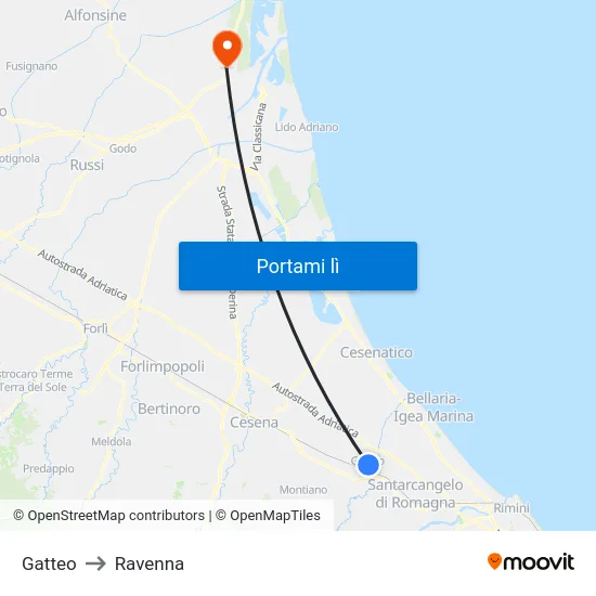 Gatteo to Ravenna map