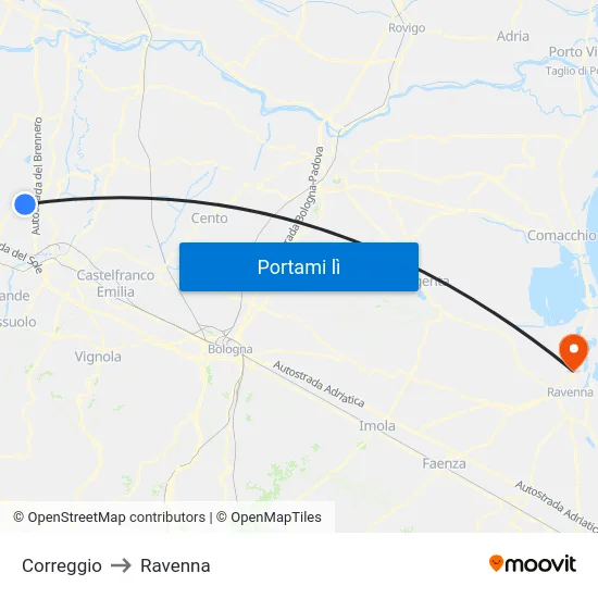 Correggio to Ravenna map