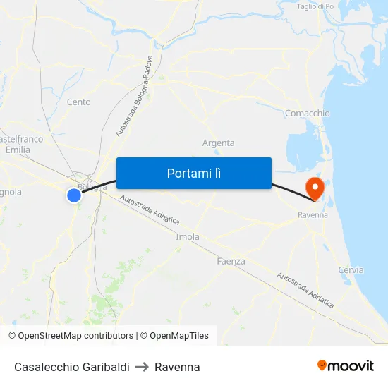 Casalecchio Garibaldi to Ravenna map