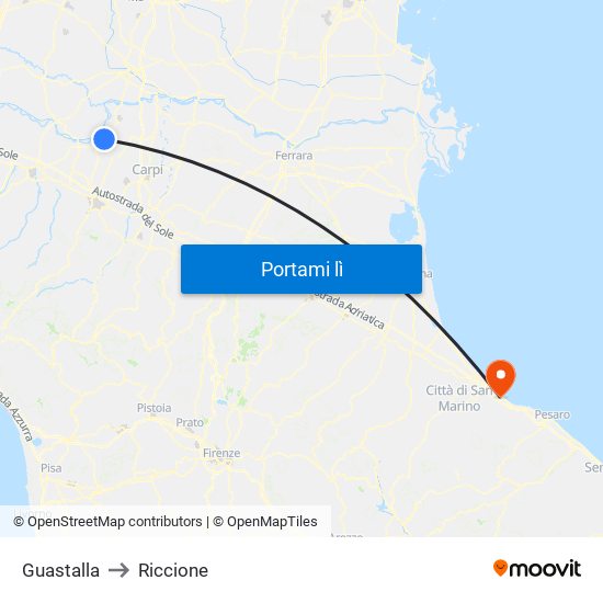 Guastalla to Riccione map