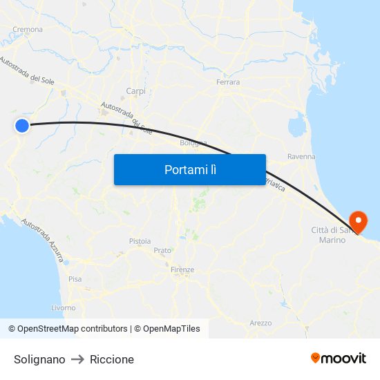 Solignano to Riccione map