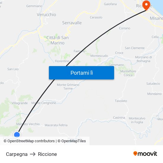 Carpegna to Riccione map