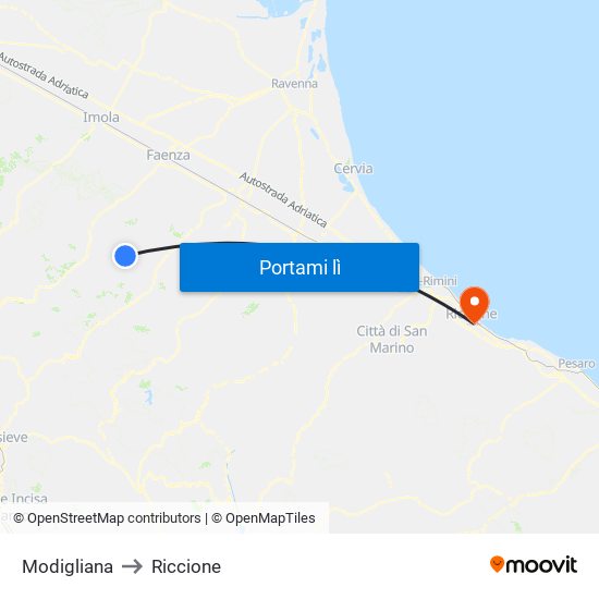 Modigliana to Riccione map