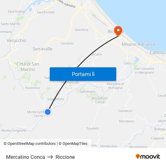 Mercatino Conca to Riccione map