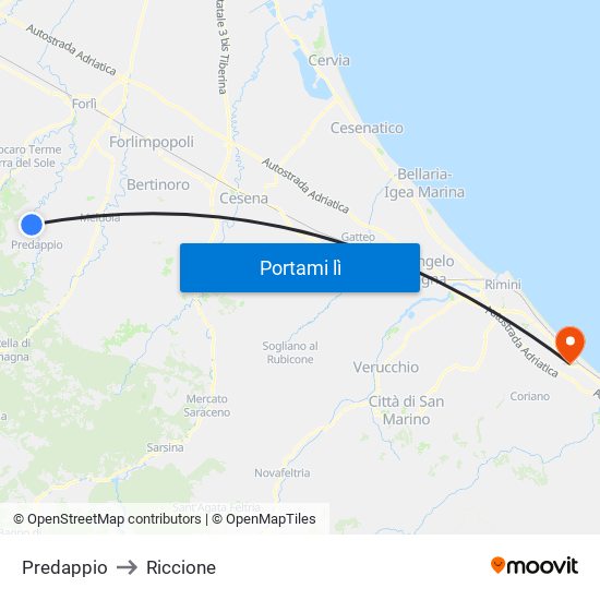 Predappio to Riccione map