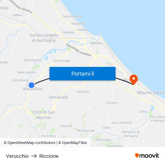 Verucchio to Riccione map