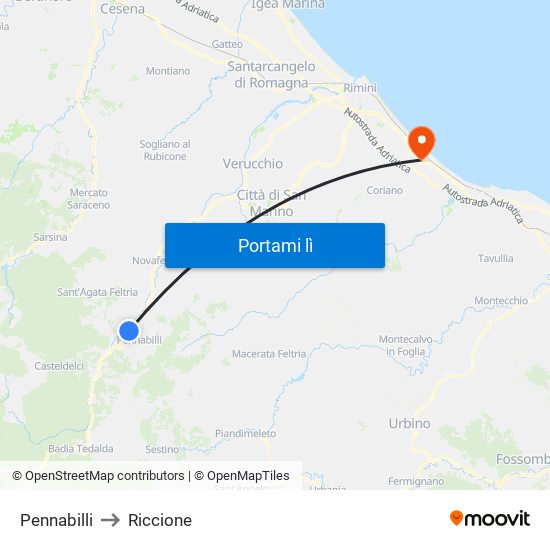 Pennabilli to Riccione map