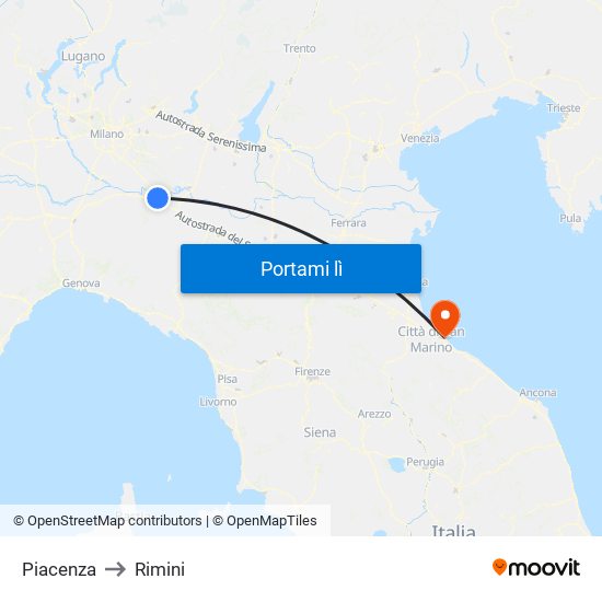 Piacenza to Rimini map