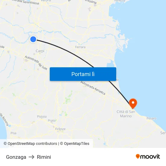 Gonzaga to Rimini map