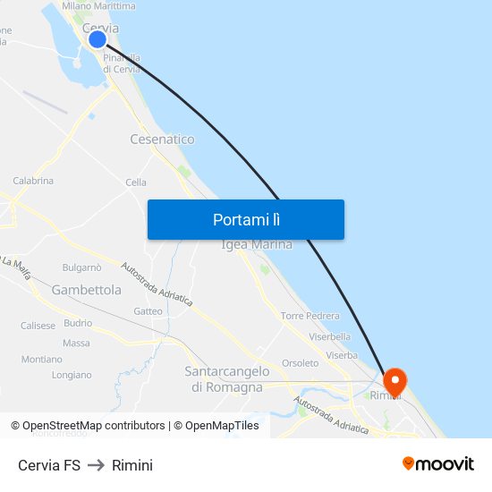 Cervia FS to Rimini map