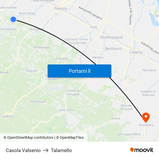 Casola Valsenio to Talamello map