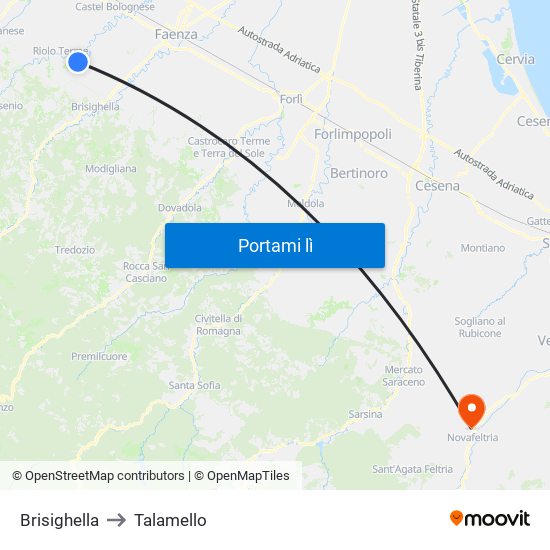 Brisighella to Talamello map