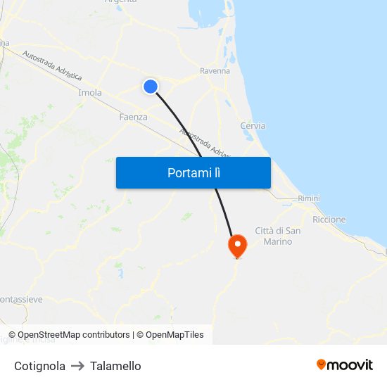 Cotignola to Talamello map