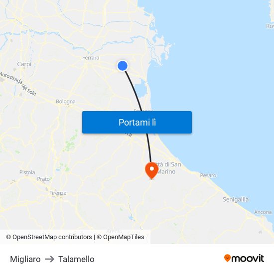 Migliaro to Talamello map