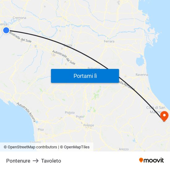 Pontenure to Tavoleto map