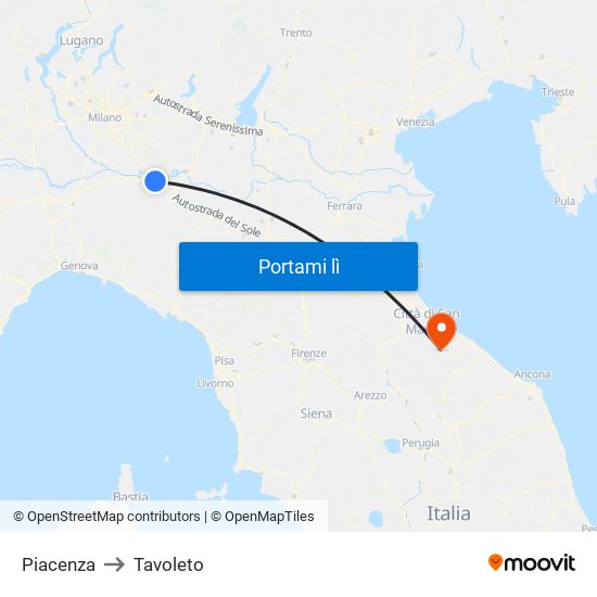 Piacenza to Tavoleto map