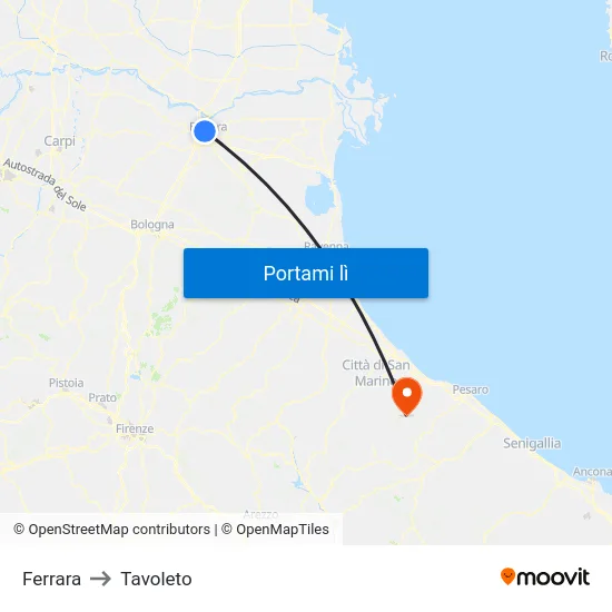 Ferrara to Tavoleto map