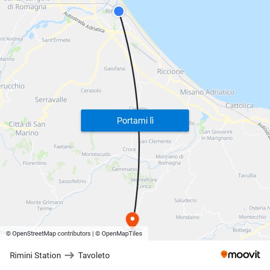 Rimini Station to Tavoleto map