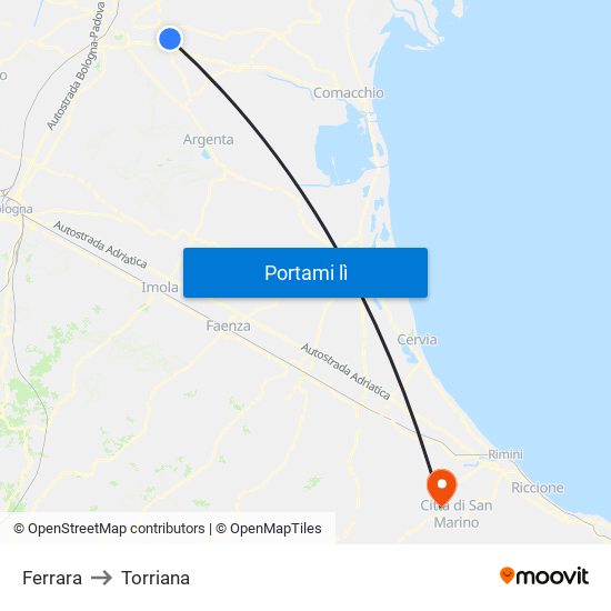 Ferrara to Torriana map