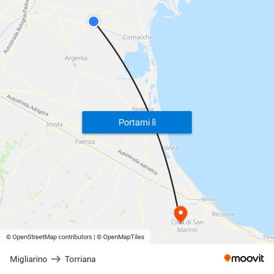 Migliarino to Torriana map