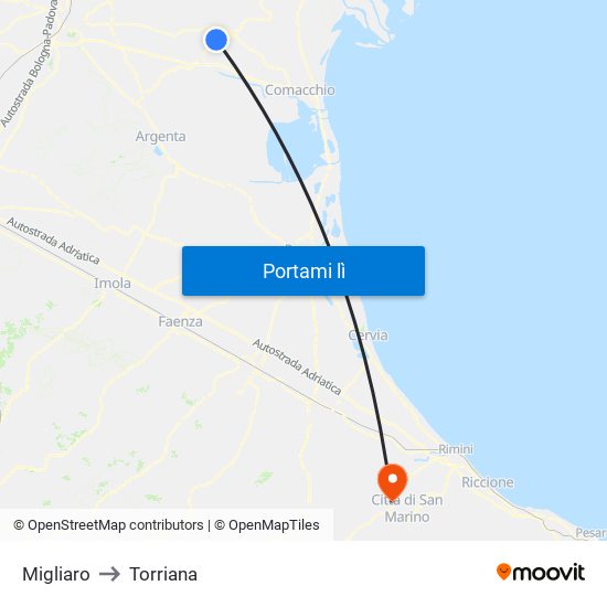Migliaro to Torriana map