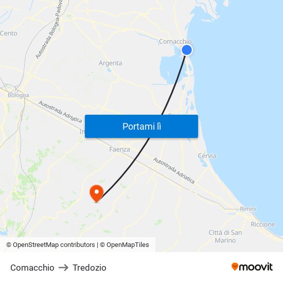 Comacchio to Tredozio map