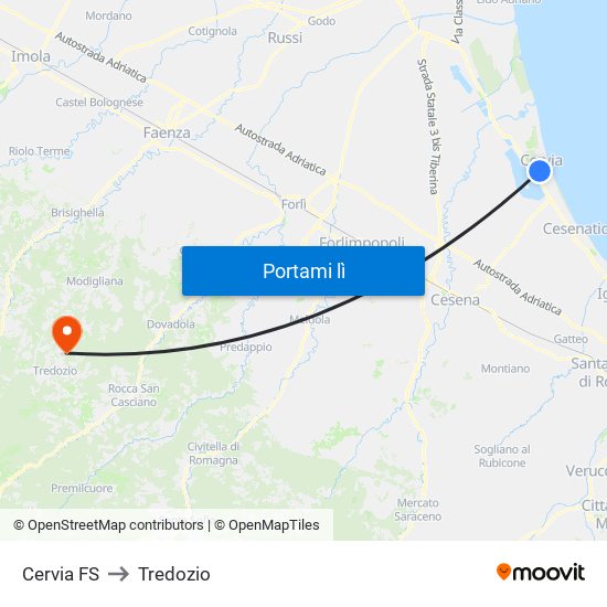 Cervia FS to Tredozio map