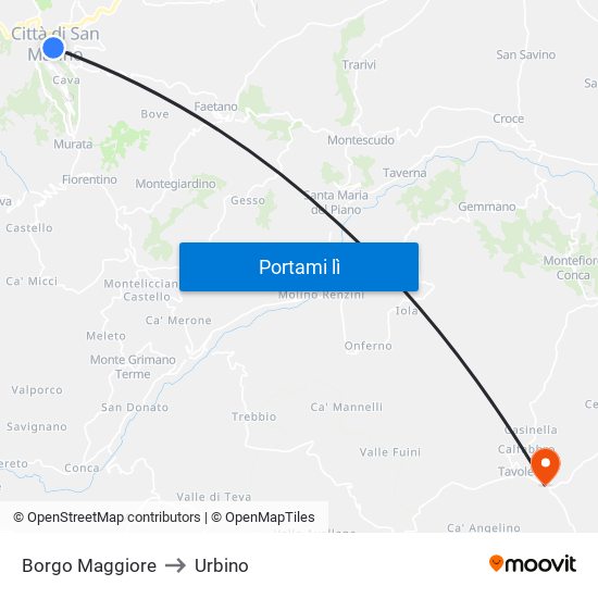 Borgo Maggiore to Urbino map