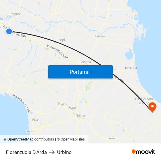 Fiorenzuola D'Arda to Urbino map