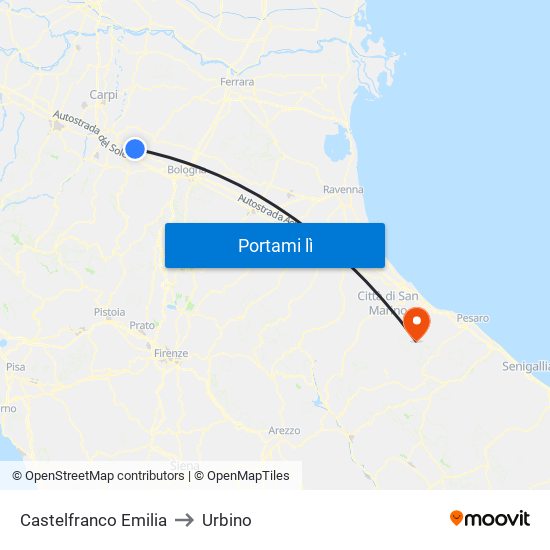 Castelfranco Emilia to Urbino map