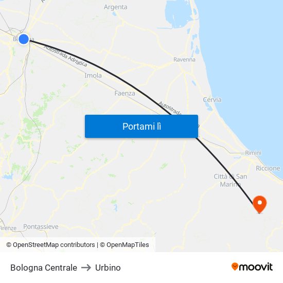 Bologna Centrale to Urbino map