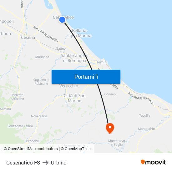 Cesenatico FS to Urbino map