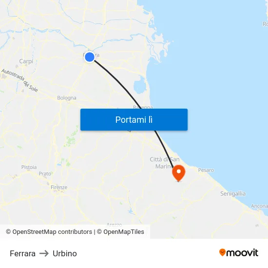 Ferrara to Urbino map