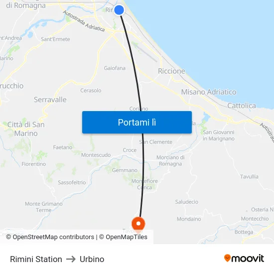 Rimini Station to Urbino map