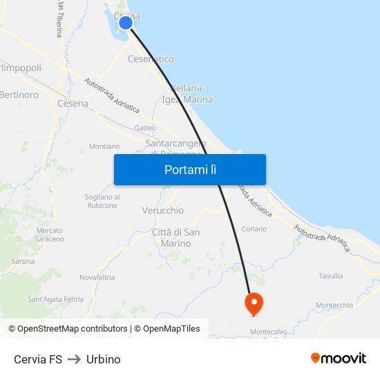 Cervia FS to Urbino map