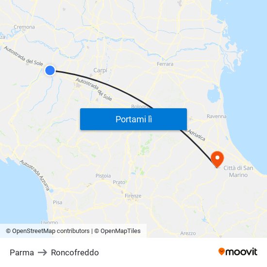 Parma to Roncofreddo map