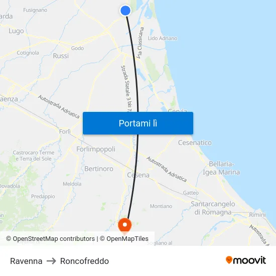 Ravenna to Roncofreddo map