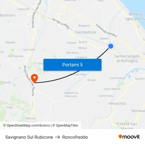 Savignano Sul Rubicone to Roncofreddo map