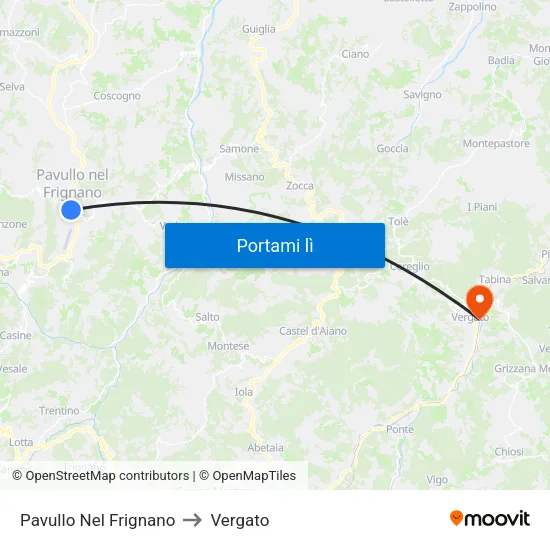 Pavullo Nel Frignano to Vergato map