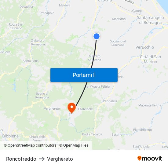 Roncofreddo to Verghereto map