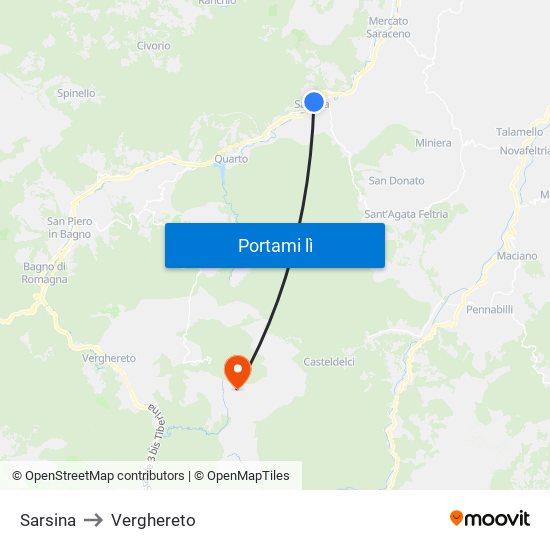 Sarsina to Verghereto map