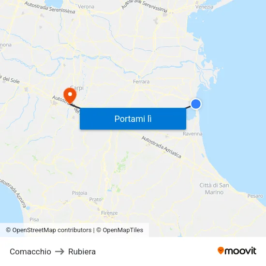 Comacchio to Rubiera map