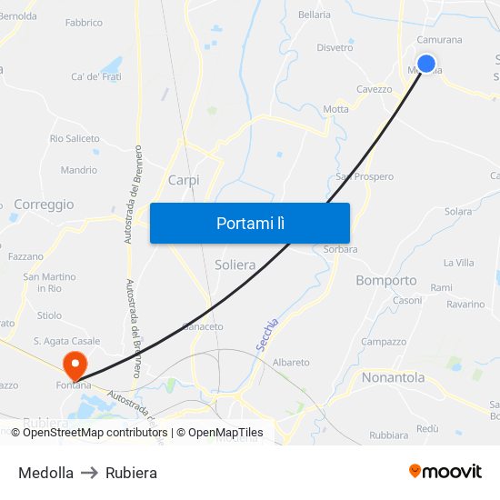 Medolla to Rubiera map