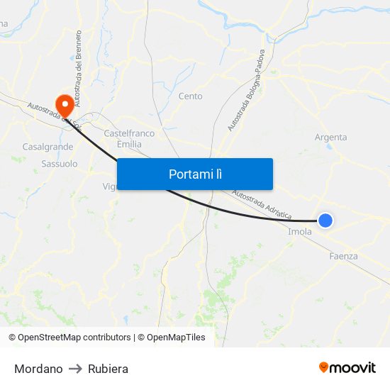 Mordano to Rubiera map