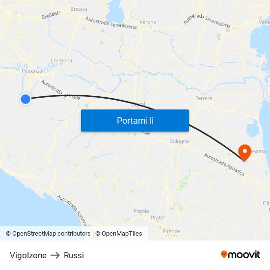 Vigolzone to Russi map