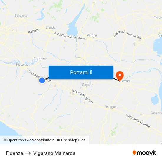 Fidenza to Vigarano Mainarda map